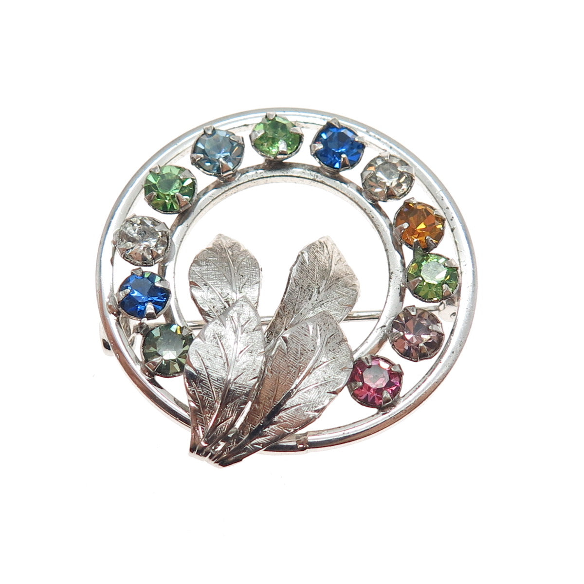 925 Sterling Silver Antique Art Deco Multi-Color Rhinestone Floral Pin Brooch