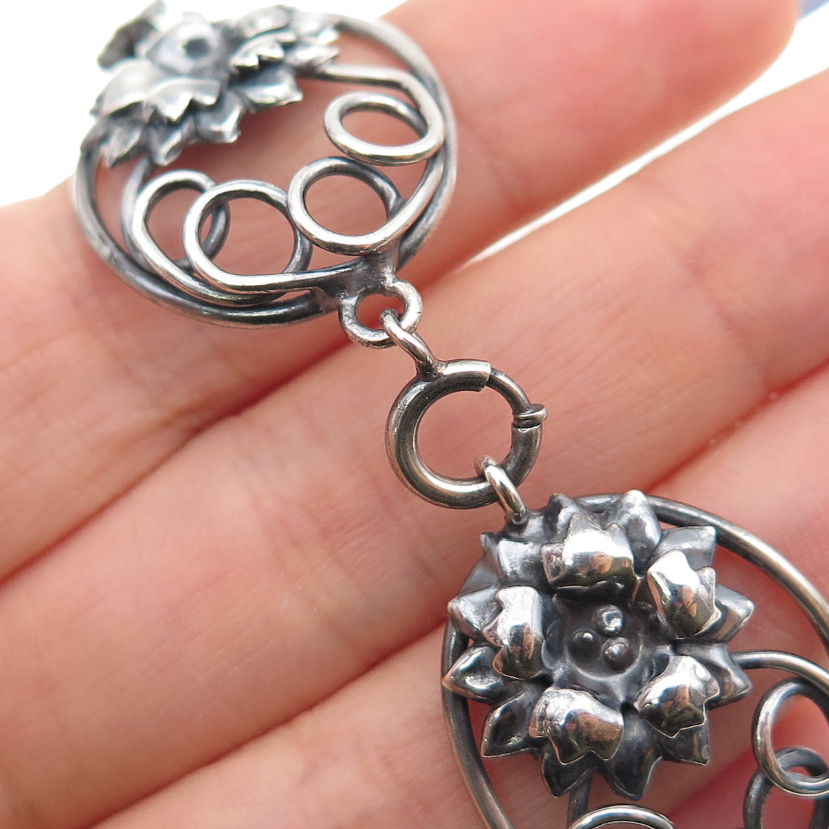 925 Sterling Silver Antique Art Deco Flower Oxidized Panel Link Bracelet 7.5"