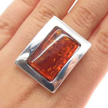 925 Sterling Silver Vintage Real Amber Modernist Ring Size 8.25