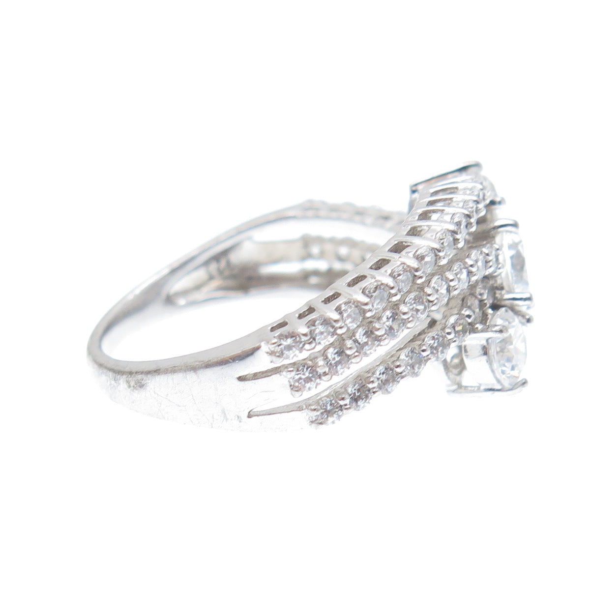 925 Sterling Silver Round-Cut C Z 3-Row Wavy Ring Size 7.25