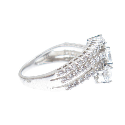 925 Sterling Silver Round-Cut C Z 3-Row Wavy Ring Size 7.25