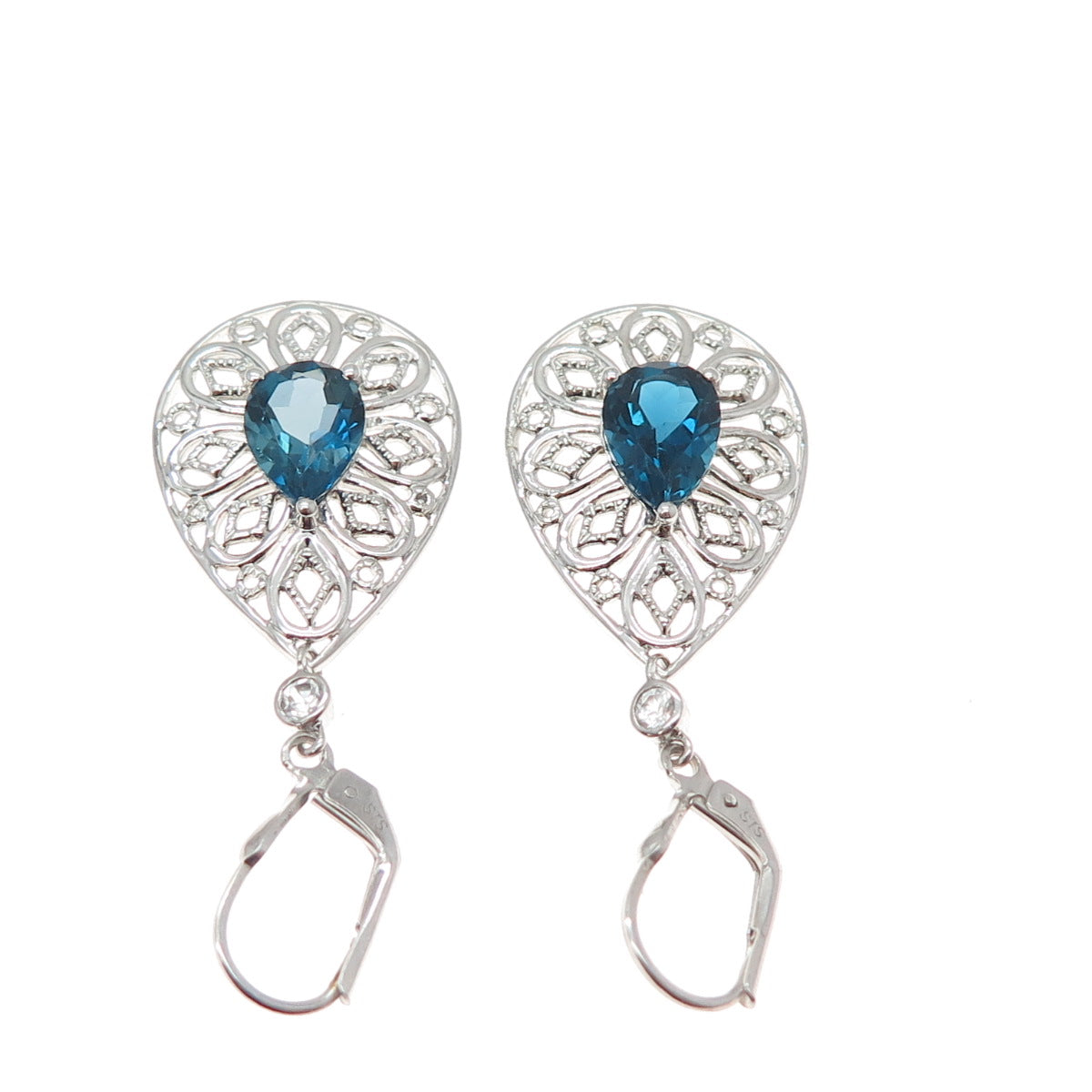 925 Sterling Silver Real London Blue & White Topaz Teardrop Dangle Earrings