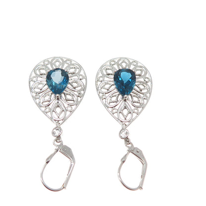 925 Sterling Silver Real London Blue & White Topaz Teardrop Dangle Earrings