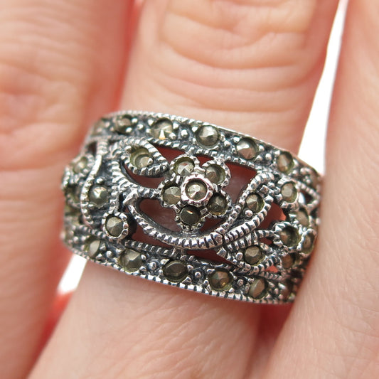 925 Sterling Silver Vintage Real Marcasite Flower Oxidized Ring Size 6.5