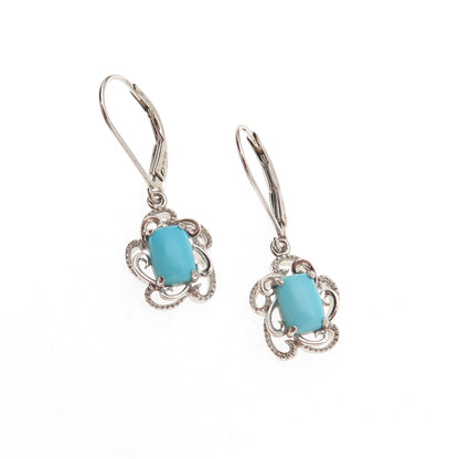925 Sterling Silver Real Sleeping Beauty Turquoise Floral Dangle Earrings
