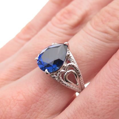 925 Sterling Silver Pear-Cut Lab-Created Sapphire Heart Ring Size 7