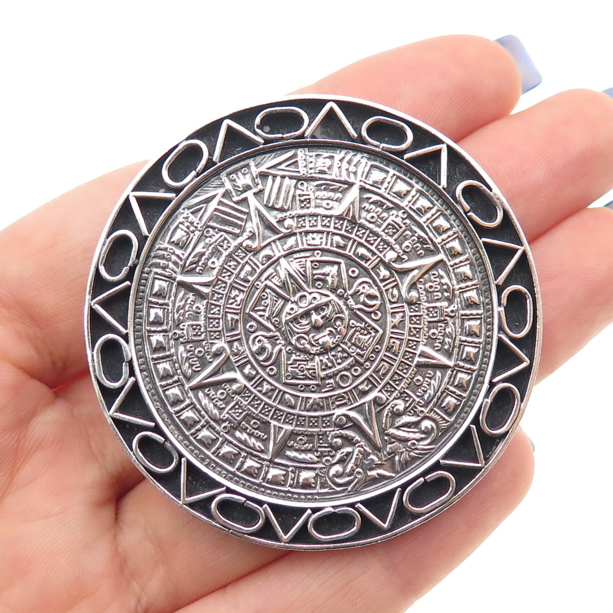 925 Sterling Silver Vintage Mexico Mayan Calendar Oxidized Pin Brooch / Pendant