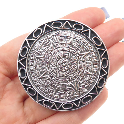 925 Sterling Silver Vintage Mexico Mayan Calendar Oxidized Pin Brooch / Pendant