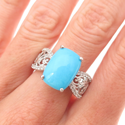 Chuck Clemency 925 Sterling Silver Real Turquoise & White Topaz Ring Size 8.25