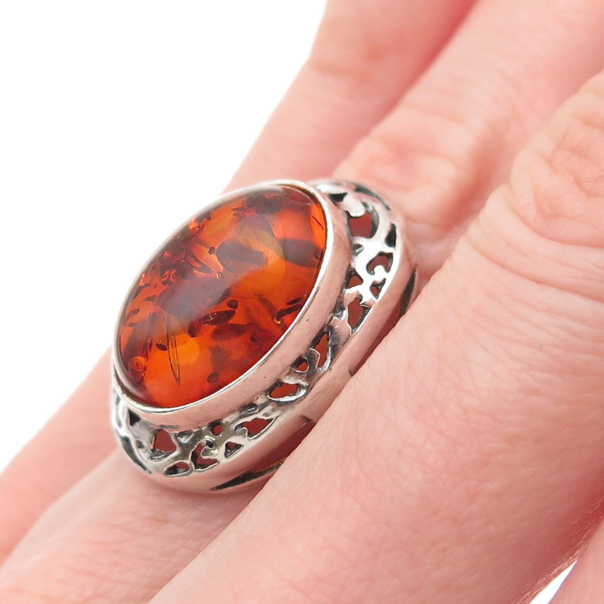 VALERIO V8 925 Sterling Silver Vintage Poland Real Amber Modernist Ring Size 6