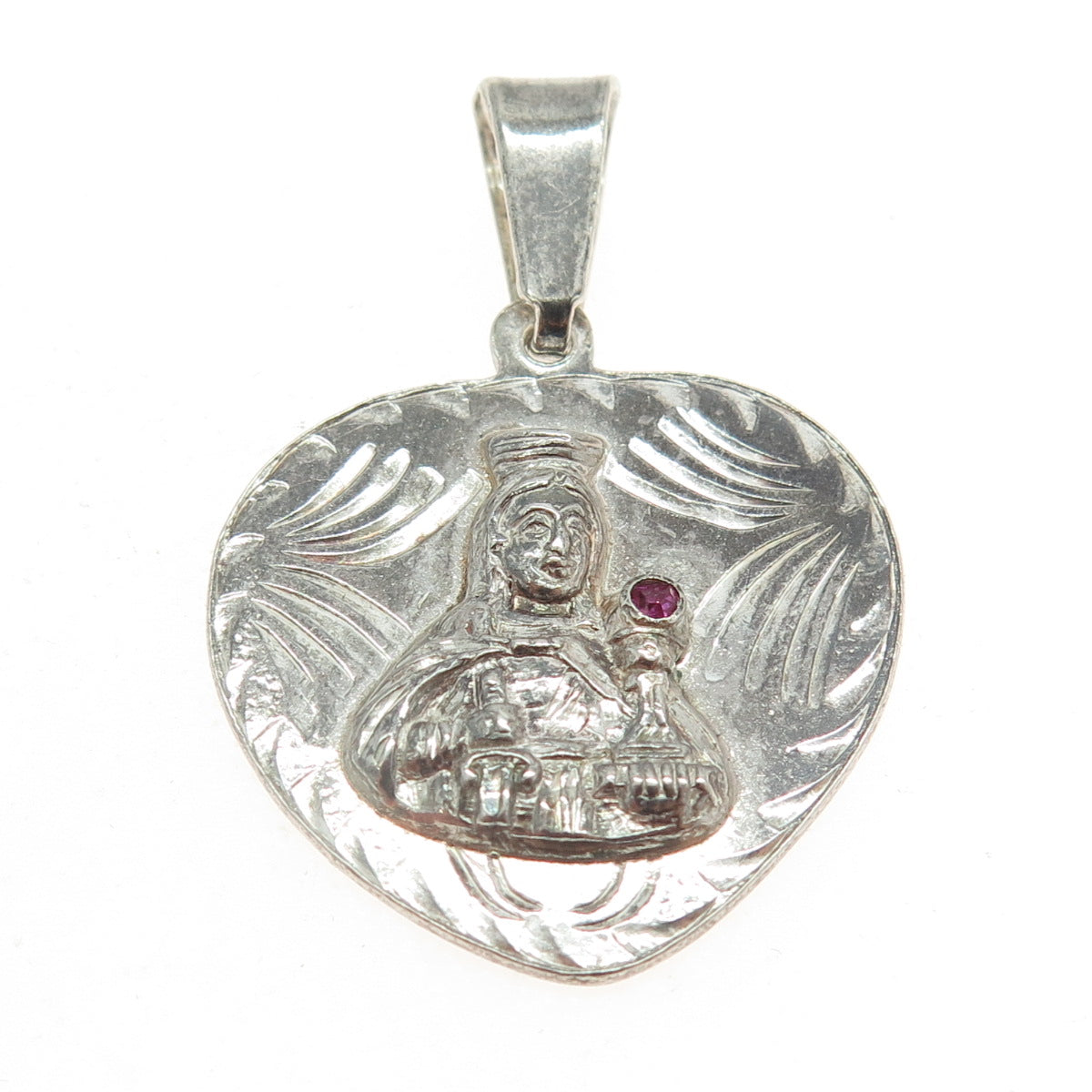 925 Sterling Silver Vintage Pink Sapphire St. Barbara Religious Heart Pendant