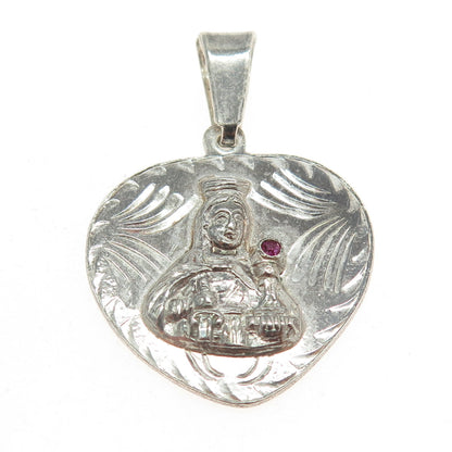 925 Sterling Silver Vintage Pink Sapphire St. Barbara Religious Heart Pendant