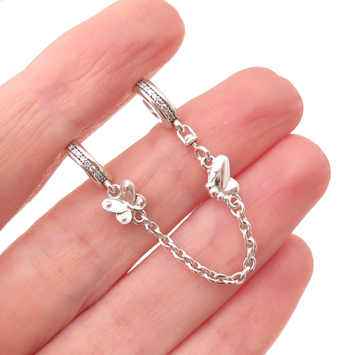 Pandora 925 Sterling Silver C Z Decorative Butterflies Safety Chain Charm