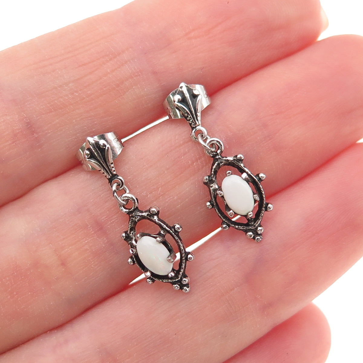 925 Sterling Silver Vintage Real Opal Oxidized Dangle Earrings