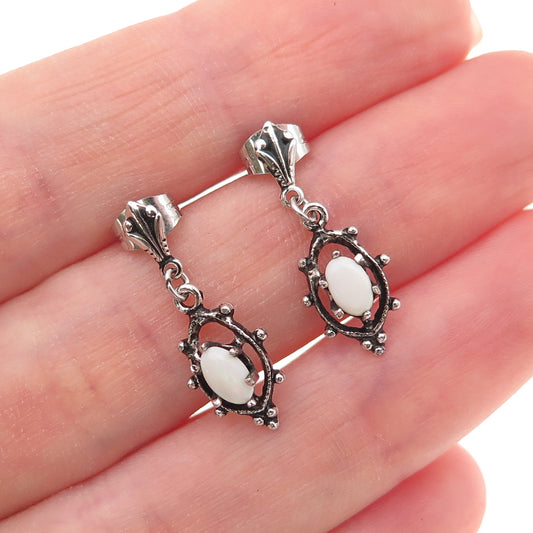 925 Sterling Silver Vintage Real Opal Oxidized Dangle Earrings