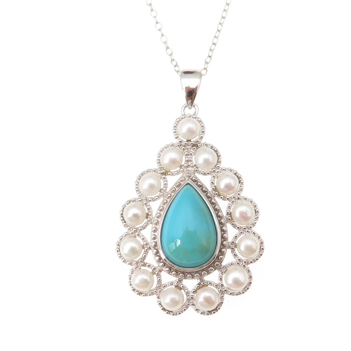 925 Sterling Silver Real Turquoise & Pearl Teardrop Cable Chain Necklace 18"