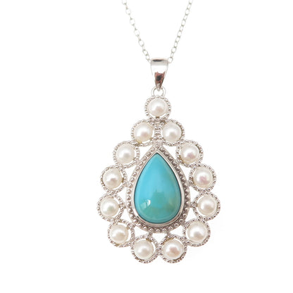 925 Sterling Silver Real Turquoise & Pearl Teardrop Cable Chain Necklace 18"