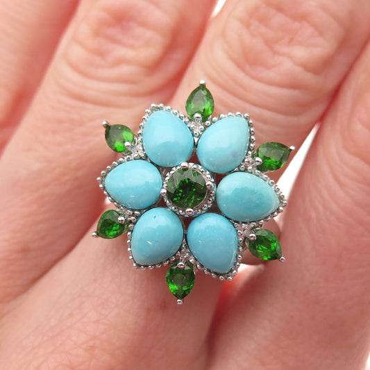 925 Sterling Silver Real Tyrone Turquoise & Peridot Floral Ring Size 8.25