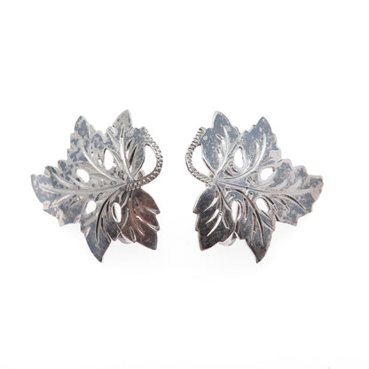 925 Sterling Silver Antique Art Deco Grape Leaf Oxidized Screw Back Earrings