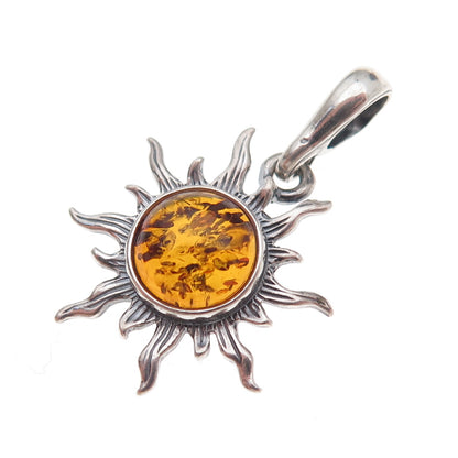 925 Sterling Silver Vintage Poland Real Amber Sun Oxidized Charm Pendant