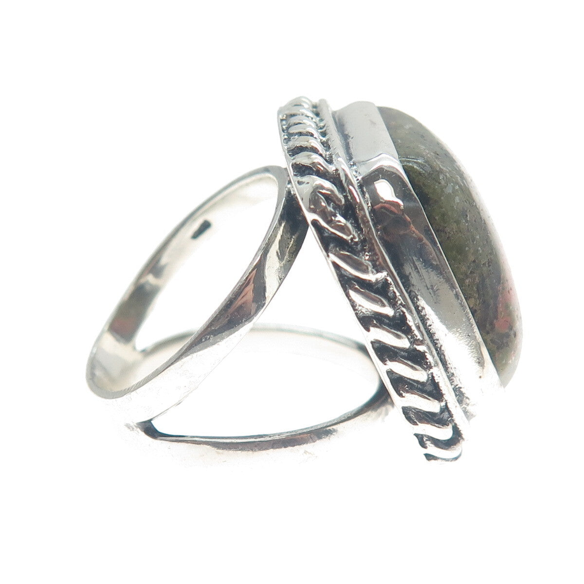 925 Sterling Silver Vintage Real Cushion-Cut Unakite Roped Ring Size 7.75
