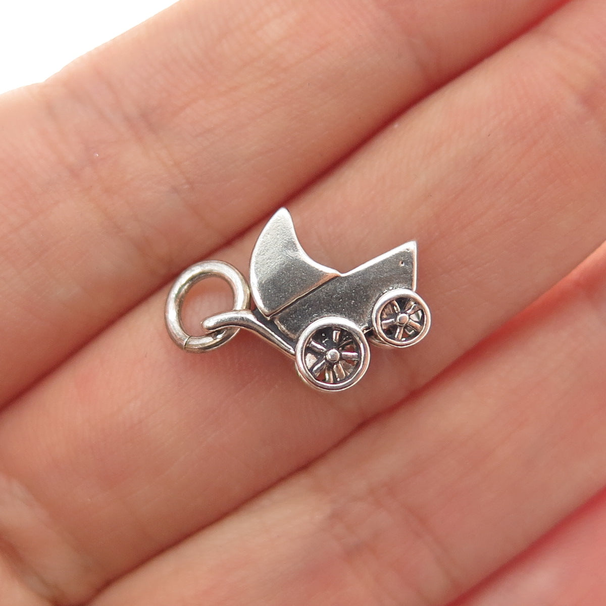 925 Sterling Silver Vintage Baby Stroller Minimalist 3D Charm Pendant