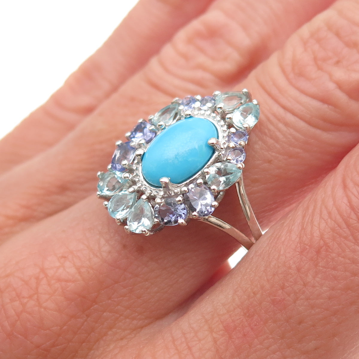 Chuck Clemency 925 Sterling Real Turquoise Tanzanite & Aquamarine Ring Size 8.25