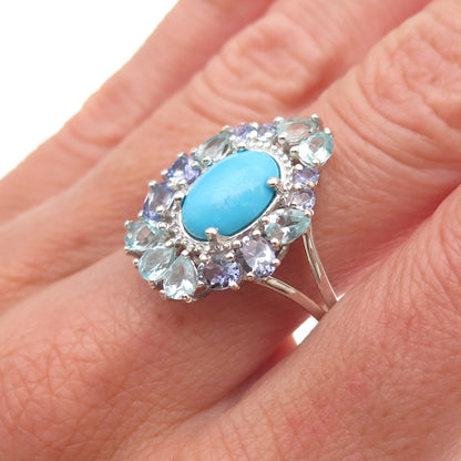 Chuck Clemency 925 Sterling Real Turquoise Tanzanite & Aquamarine Ring Size 8.25