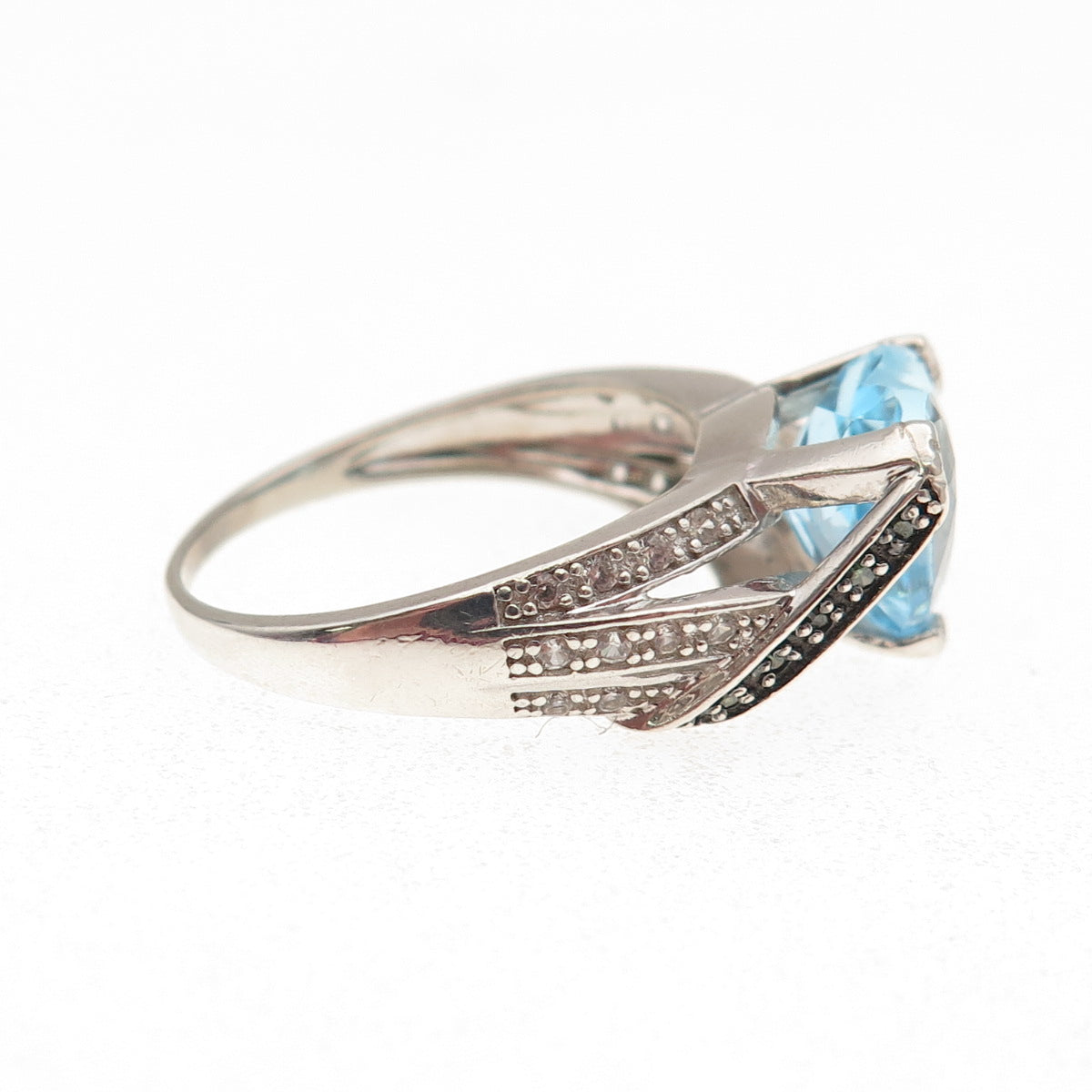925 Sterling Silver Real Round-Cut Green Diamond Blue & White Topaz Ring Size 9