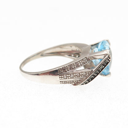 925 Sterling Silver Real Round-Cut Green Diamond Blue & White Topaz Ring Size 9