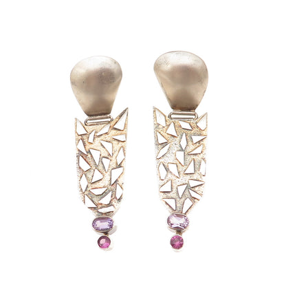 925 Sterling Silver Vintage Real Amethyst Modernist Oxidized Dangle Earrings