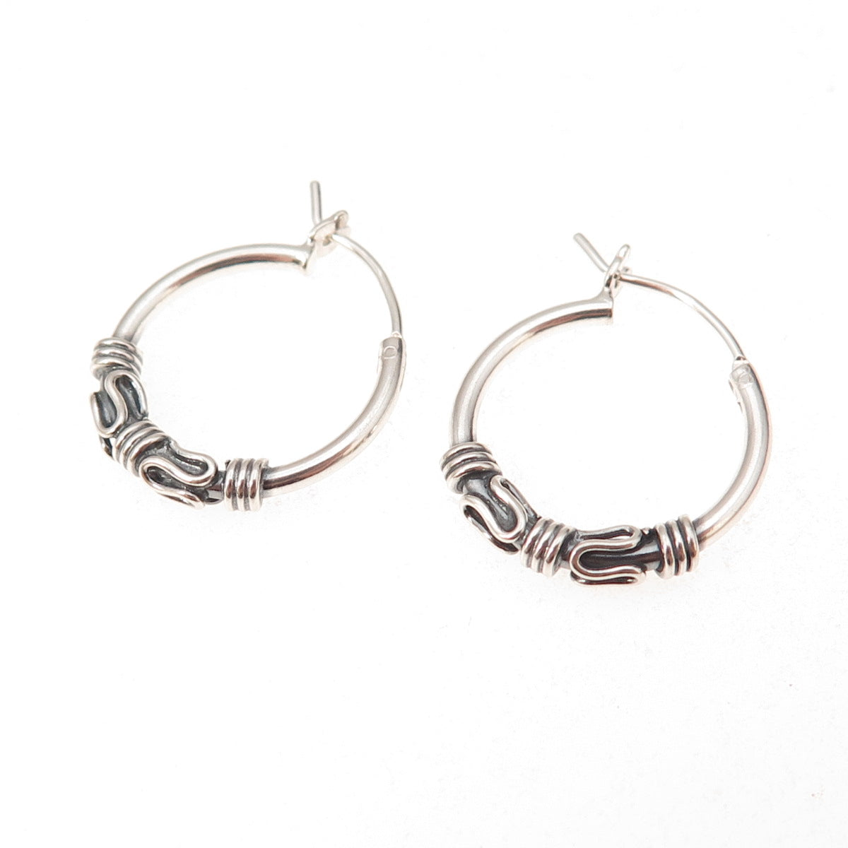 Han 925 Sterling Silver Vintage Modernist Zig Zag Oxidized Hoop Earrings