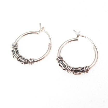 Han 925 Sterling Silver Vintage Modernist Zig Zag Oxidized Hoop Earrings