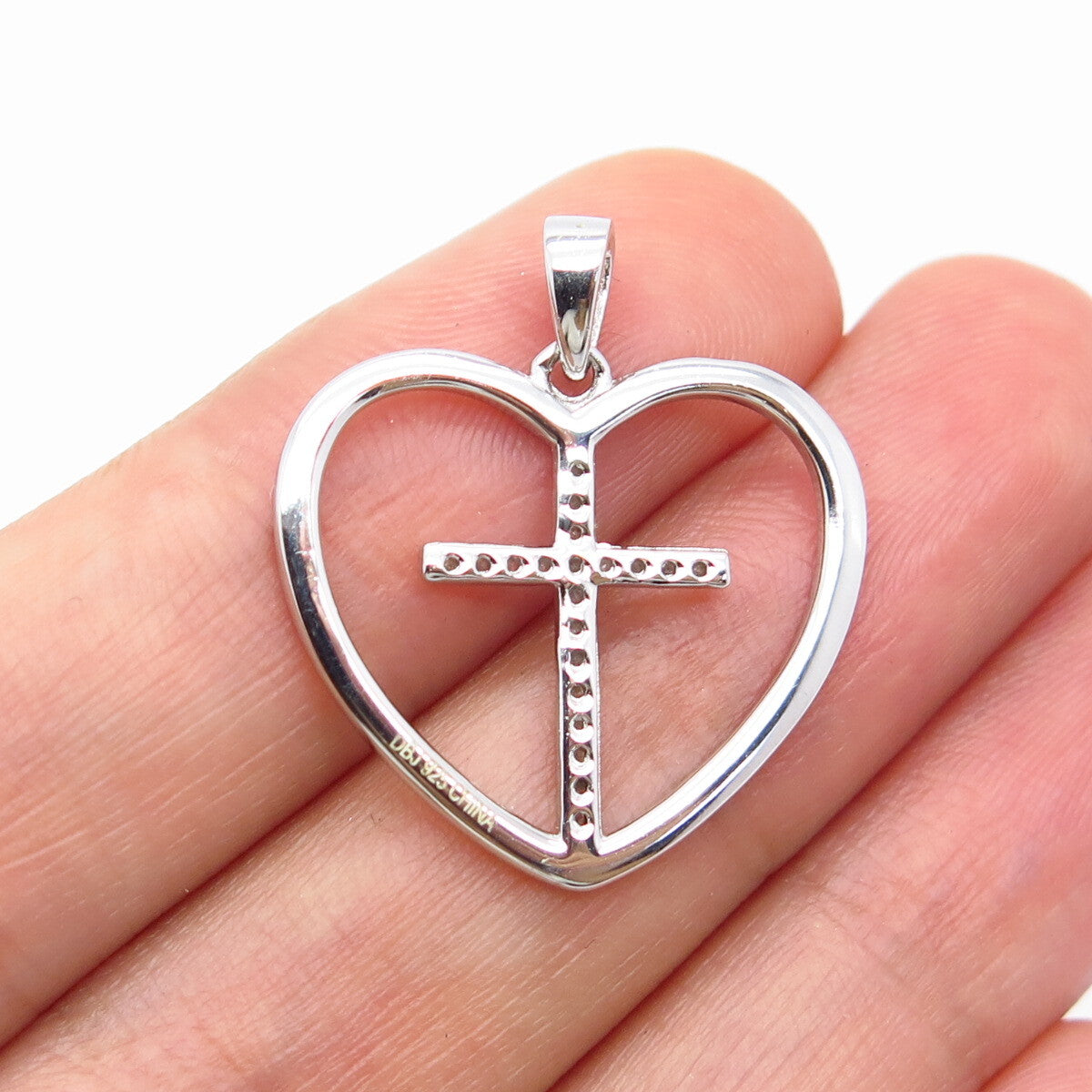 925 Sterling Silver Real White Diamond Cross & Heart Pendant