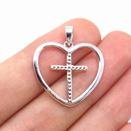 925 Sterling Silver Real White Diamond Cross & Heart Pendant
