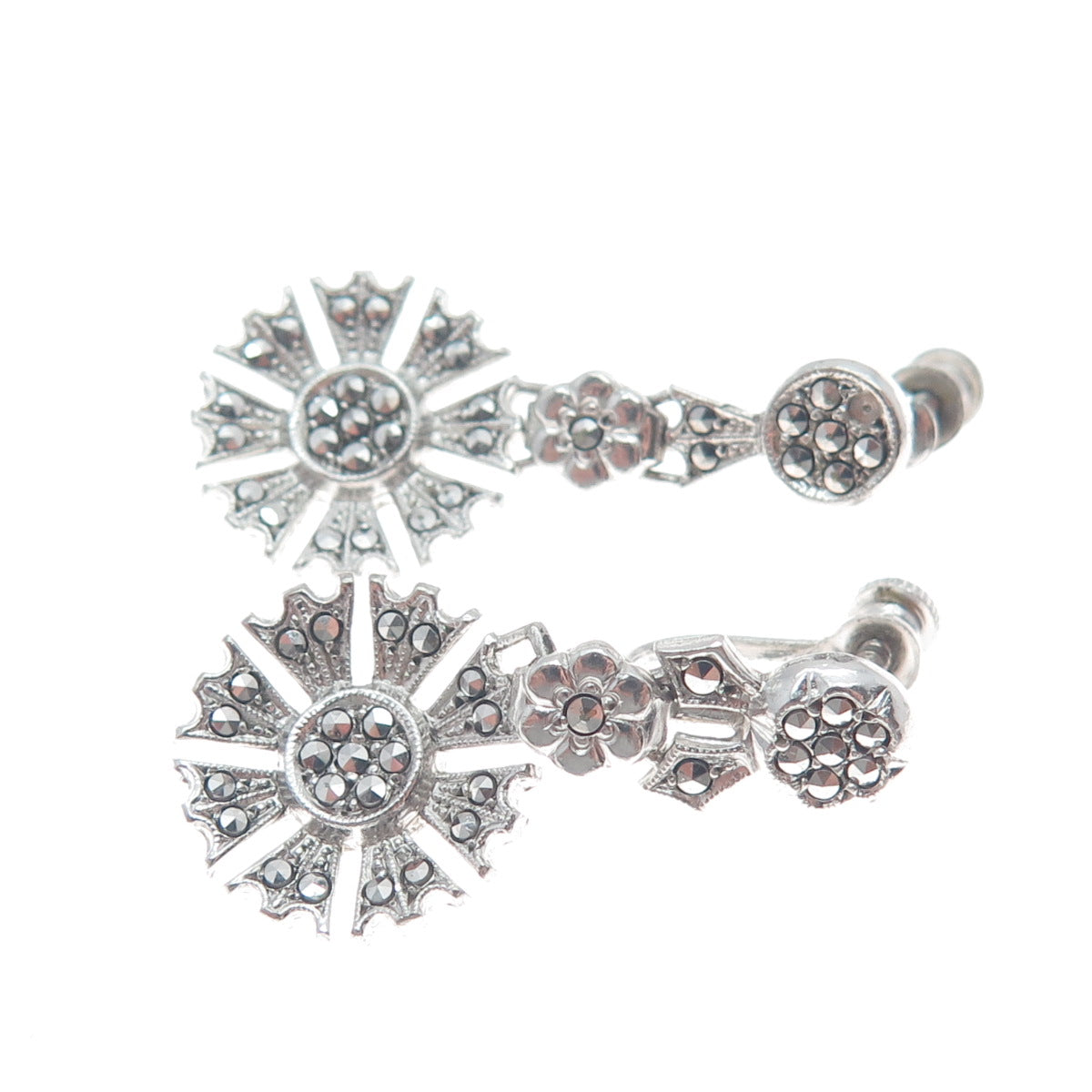 925 Sterling Silver Antique Real Marcasite Gemstone Flower Dangle Earrings