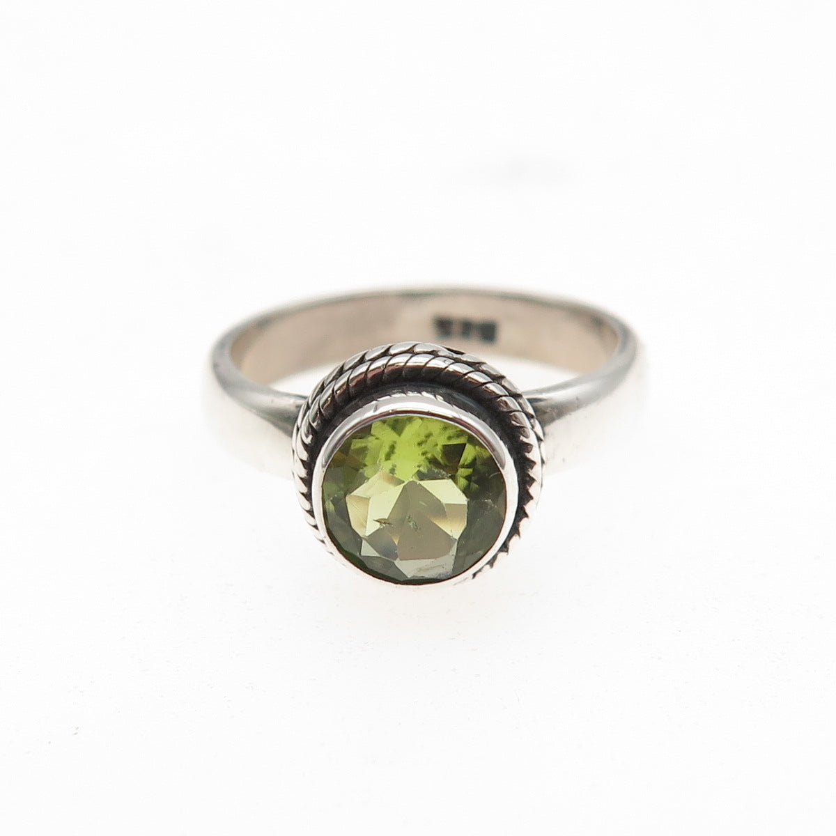925 Sterling Silver Vintage Real Round-Cut Peridot Oxidized Ring Size 6.75
