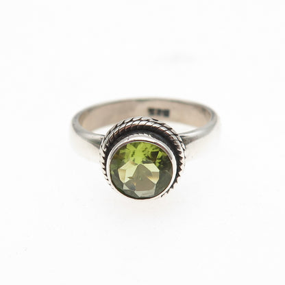 925 Sterling Silver Vintage Real Round-Cut Peridot Oxidized Ring Size 6.75