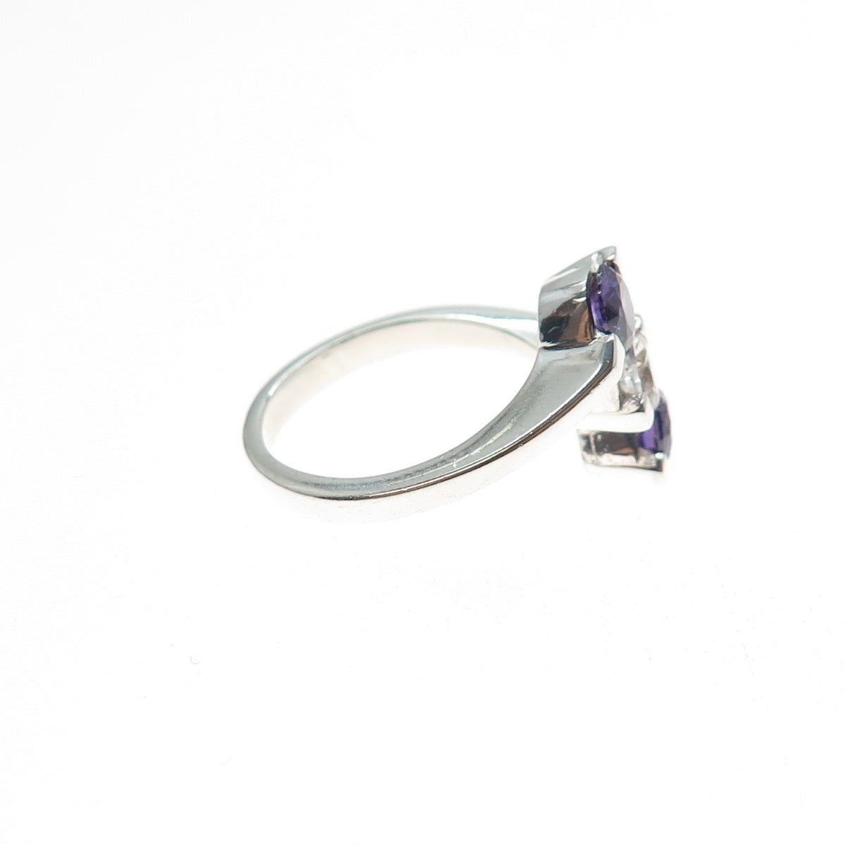 925 Sterling Silver Vintage Round-Cut Purple & White C Z Bypass Ring Size 7.25