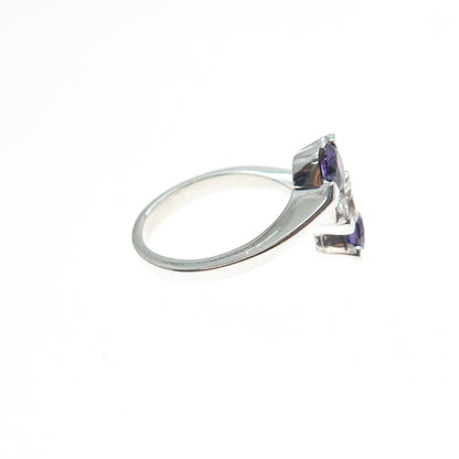 925 Sterling Silver Vintage Round-Cut Purple & White C Z Bypass Ring Size 7.25