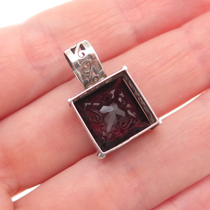 925 Sterling Silver Vintage Real Princess-Cut Red Garnet Mini Charm Pendant