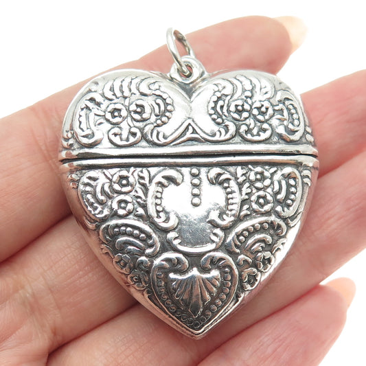 925 Sterling Silver Vintage Repousse Oxidized Heart Box Pendant