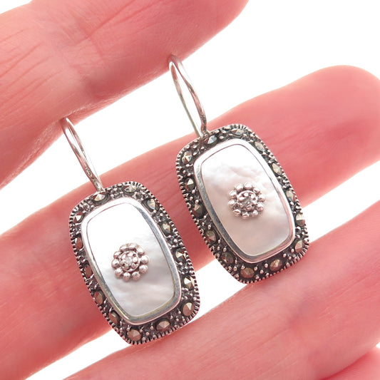 925 Sterling Silver Vintage Real Diamond Marcasite MOP Oxidized Earrings