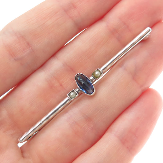 800 Silver Antique Art Deco European Faux Pearl & Nano Sapphire Pin Brooch