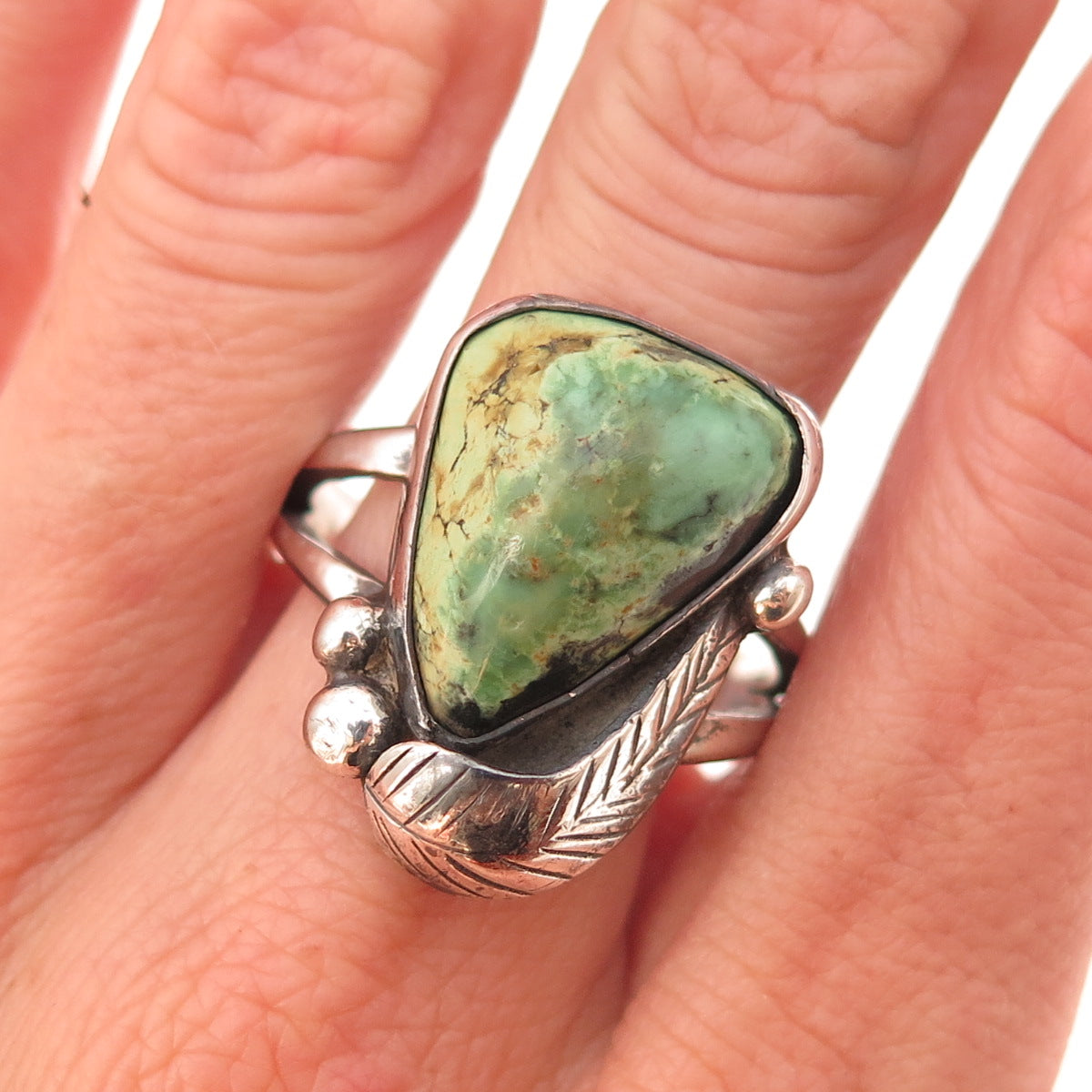 Old Pawn 925 Sterling Silver Vintage Royston Turquoise Feather Ring Size 12.5