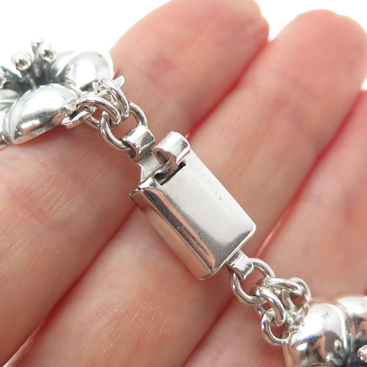 925 Sterling Silver Vintage CII Mexico Flower Blossom Oxidized Bracelet 7.25"