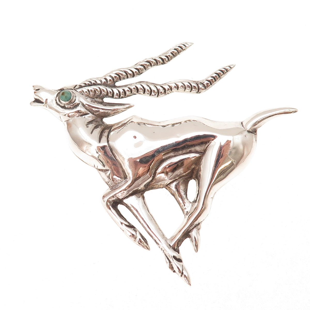 925 Sterling Silver Vintage Mexico Real Turquoise Gazelle Oxidized Pin Brooch