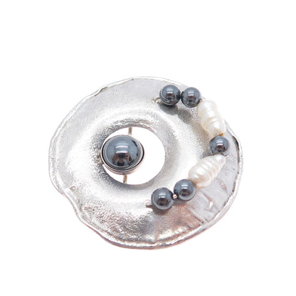NINOS CHAMMO 925 Sterling Vintage Real Hematite Pearl Pin Brooch / Slide Pendant