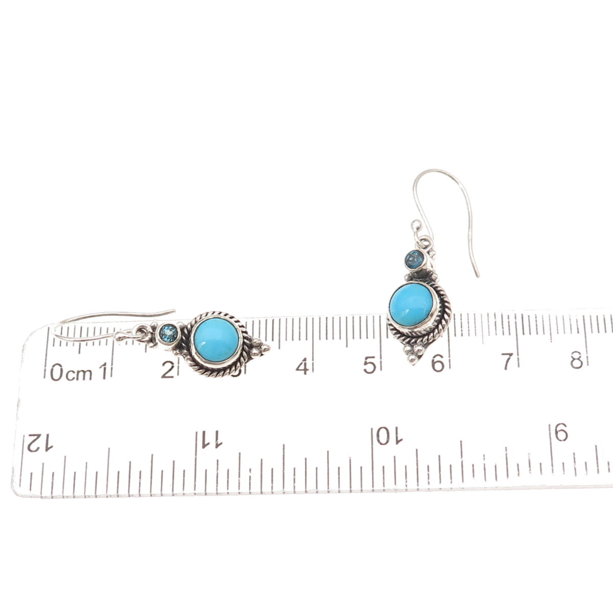 925 Sterling Silver Vintage Real Turquoise & London Blue Topaz Dangle Earrings