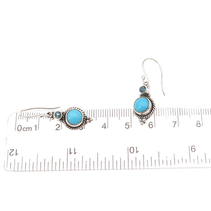 925 Sterling Silver Vintage Real Turquoise & London Blue Topaz Dangle Earrings